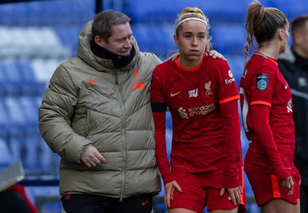 BIRKENHEAD, ENGLAND - Sunday, February 6, 2022: Liverpool manager Matt Beard and Missy Bo Kearns during the FA Women’s Championship Round 14 match between Liverpool FC Women and Coventry United FC Women at Prenton Park. Liverpool won 3-0. (Pic by Paul Currie/Propaganda)