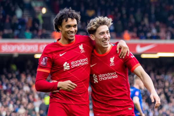 LIVERPOOL, ENGLAND - Sunday, February 6th, 2022: Liverpool's Diogo Jota celebrates with team-mate Takumi Minamino (R) and Trent Alexander-Arnold and Diogo Jota (L) after scoring the first goal during the FA Cup 4th Round match between Liverpool FC and Cardiff City FC at Anfield. Liverpool won 3-1. (Pic by David Rawcliffe/Propaganda)