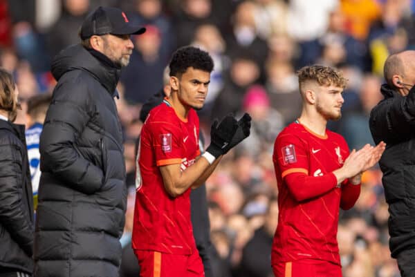 LIVERPOOL, ENGLAND - Sunday, February 6th, 2022: Liverpool's manager Jurgen Klopp prepares to bring on substitutes new signing Luis Díaz and Harvey Elliott during the FA Cup 4th Round match between Liverpool FC and Cardiff City FC at Anfield. Liverpool won 3-1. (Pic by David Rawcliffe/Propaganda)