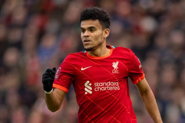 LIVERPOOL, ENGLAND - Sunday, February 6th, 2022: Liverpool's new signing Luis Díaz during the FA Cup 4th Round match between Liverpool FC and Cardiff City FC at Anfield. Liverpool won 3-1. (Pic by David Rawcliffe/Propaganda)