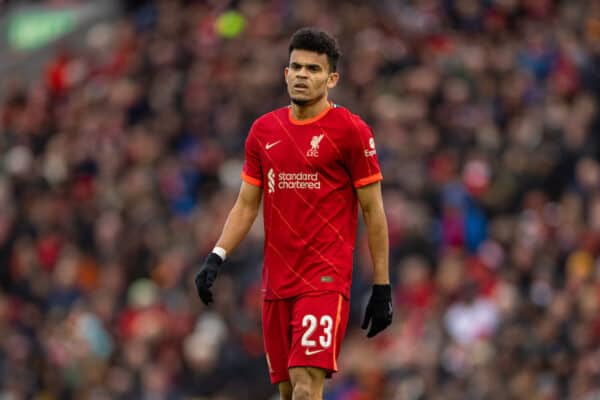 LIVERPOOL, ENGLAND - Sunday, February 6th, 2022: Liverpool's new signing Luis Díaz during the FA Cup 4th Round match between Liverpool FC and Cardiff City FC at Anfield. Liverpool won 3-1. (Pic by David Rawcliffe/Propaganda)