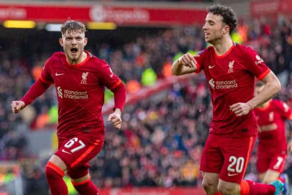 LIVERPOOL, ENGLAND - Sunday, February 6th, 2022: Liverpool's Harvey Elliott (L) celebrates with team-mate Diogo Jota after scoring the third goal during the FA Cup 4th Round match between Liverpool FC and Cardiff City FC at Anfield. Liverpool won 3-1. (Pic by David Rawcliffe/Propaganda)