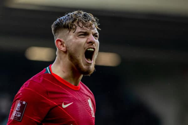 LIVERPOOL, ENGLAND - Sunday, February 6th, 2022: Liverpool's Harvey Elliott celebrates after scoring the third goal during the FA Cup 4th Round match between Liverpool FC and Cardiff City FC at Anfield. Liverpool won 3-1. (Pic by David Rawcliffe/Propaganda)