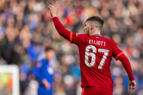 LIVERPOOL, ENGLAND - Sunday, February 6th, 2022: Liverpool's Harvey Elliott celebrates after scoring the third goal during the FA Cup 4th Round match between Liverpool FC and Cardiff City FC at Anfield. Liverpool won 3-1. (Pic by David Rawcliffe/Propaganda)