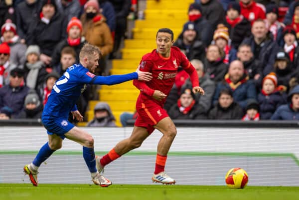 LIVERPOOL, ENGLAND - Sunday, February 6th, 2022: Liverpool's Thiago Alcantara during the FA Cup 4th Round match between Liverpool FC and Cardiff City FC at Anfield. Liverpool won 3-1. (Pic by David Rawcliffe/Propaganda)