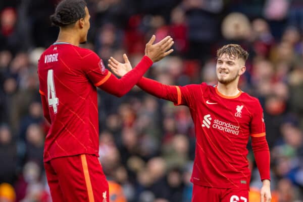 LIVERPOOL, ENGLAND - Sunday, February 6th, 2022: Liverpool's Harvey Elliott (R) celebrates with Virgil van Dijk after the FA Cup 4th Round match between Liverpool FC and Cardiff City FC at Anfield. Liverpool won 3-1. (Pic by David Rawcliffe/Propaganda)