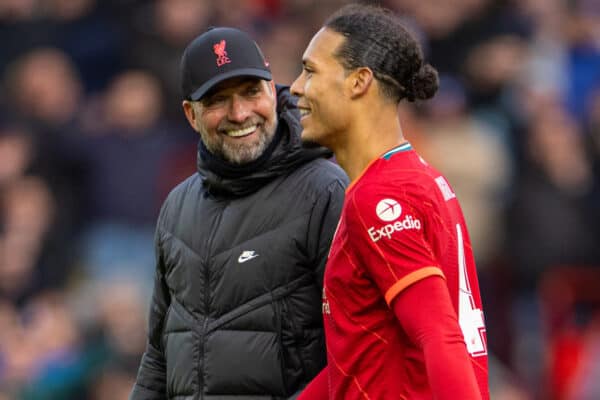 LIVERPOOL, ENGLAND - Sunday, February 6th, 2022: Liverpool's manager Jurgen Klopp (L) celebrates with Virgil van Dijk after the FA Cup 4th Round match between Liverpool FC and Cardiff City FC at Anfield. Liverpool won 3-1. (Pic by David Rawcliffe/Propaganda)