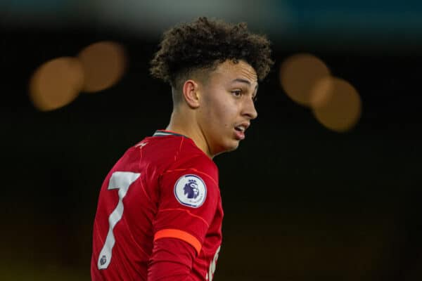 LEEDS, ENGLAND - Monday, February 7, 2022: Liverpool's Kaide Gordon during the Premier League 2 Division 1 match between Leeds FC Under-23's and Liverpool FC Under-23's at Elland Road. Leeds United won 3-0. (Pic by David Rawcliffe/Propaganda)