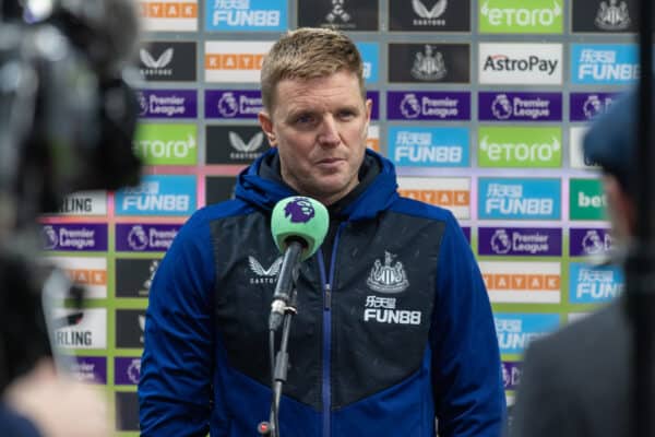 NEWCASTLE-UPON-TYNE, ENGLAND - Tuesday, February 8, 2022: Newcastle United's manager Eddie Howe is interviewed after the FA Premier League match between Newcastle United FC and Everton FC at St. James’ Park. Newcastle United won 3-1. (Pic by David Rawcliffe/Propaganda)