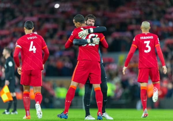 LIVERPOOL, ENGLAND - Thursday, February 10, 2022: Fabinho, Van Dijk, Liverpool's goalkeeper Alisson Becker (R) embraces Joel Matip before the FA Premier League match between Liverpool FC and Leicester City FC at Anfield. Liverpool won 2-0. (Pic by David Rawcliffe/Propaganda)