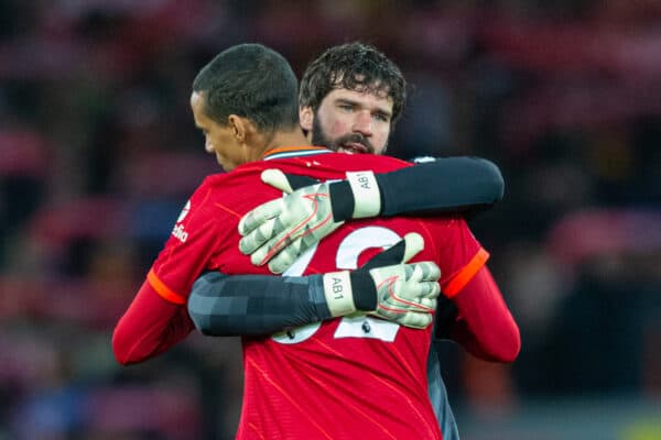 LIVERPOOL, ENGLAND - Thursday, February 10, 2022: Liverpool's goalkeeper Alisson Becker (R) embraces Joel Matip before the FA Premier League match between Liverpool FC and Leicester City FC at Anfield. Liverpool won 2-0. (Pic by David Rawcliffe/Propaganda)