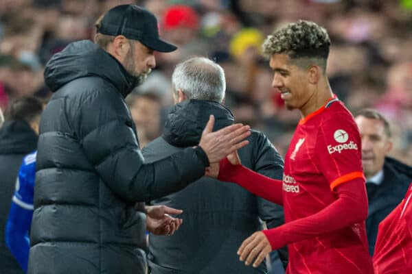 LIVERPOOL, ENGLAND - Thursday, February 10, 2022: Liverpool's Roberto Firmino (R) shakes hands with manager Jürgen Klopp as he is substituted during the FA Premier League match between Liverpool FC and Leicester City FC at Anfield. Liverpool won 2-0. (Pic by David Rawcliffe/Propaganda)