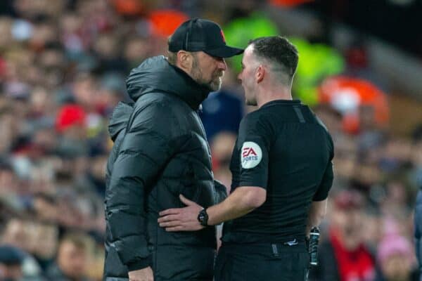 LIVERPOOL, ENGLAND - Thursday, February 10, 2022: Liverpool's Manager Jurgen Klopp is spoken to by referee Chris Kavanagh during the FA Premier League match between Liverpool FC and Leicester City FC at Anfield. Liverpool won 2-0. (Pic by David Rawcliffe/Propaganda)
