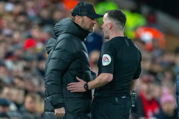 LIVERPOOL, ENGLAND - Thursday, February 10, 2022: Liverpool's Manager Jurgen Klopp is spoken to by referee Chris Kavanagh during the FA Premier League match between Liverpool FC and Leicester City FC at Anfield. Liverpool won 2-0. (Pic by David Rawcliffe/Propaganda)