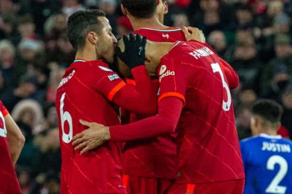 LIVERPOOL, ENGLAND - Thursday, February 10, 2022: Liverpool's Thiago Alcantara kisses the head of Fabio Henrique Tavares 'Fabinho' during the FA Premier League match between Liverpool FC and Leicester City FC at Anfield. Liverpool won 2-0. (Pic by David Rawcliffe/Propaganda)