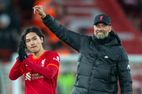 LIVERPOOL, ENGLAND - Thursday, February 10, 2022: Liverpool's Takumi Minamino (L) and manager Jürgen Klopp celebrate after the FA Premier League match between Liverpool FC and Leicester City FC at Anfield. Liverpool won 2-0. (Pic by David Rawcliffe/Propaganda)