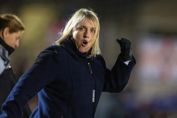 LONDON, ENGLAND - Friday, February 11, 2022: Chelsea's manager Emma Hayes during the FA Women’s Super League match between Chelsea FC Women and Arsenal FC Women at Kingsmeadow. (Pic by David Rawcliffe/Propaganda)