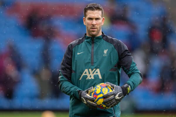 BURNLEY, ENGLAND - Sunday, February 13, 2022: Liverpool's goalkeeper Adrián San Miguel del Castillo during the pre-match warm-up before the FA Premier League match between Burnley FC and Liverpool FC at Turf Moor. Liverpool won 1-0. (Pic by David Rawcliffe/Propaganda)