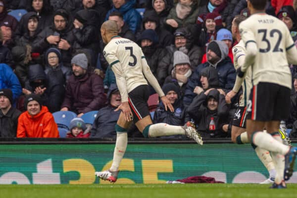 BURNLEY, ENGLAND - Sunday, February 13, 2022: Liverpool's Fabio Henrique Tavares 'Fabinho' celebrates after scoring the first goal during the FA Premier League match between Burnley FC and Liverpool FC at Turf Moor. Liverpool won 1-0. (Pic by David Rawcliffe/Propaganda)