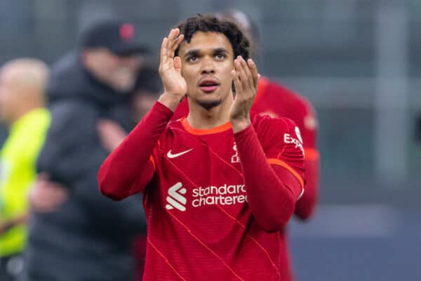 MILAN, ITALY - Tuesday, February 15, 2022: Liverpool's Trent Alexander-Arnold applauds the supporters after the UEFA Champions League Round of 16 1st Leg game between FC Internazionale Milano and Liverpool FC at the Stadio San Siro. Liverpool won 2-0. (Pic by David Rawcliffe/Propaganda)