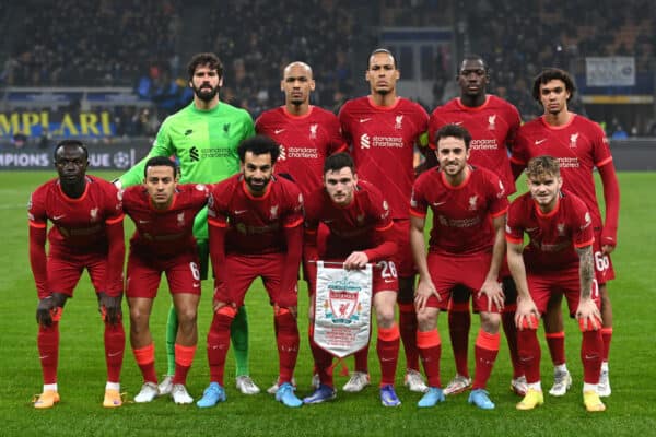 MILAN, ITALY - Wednesday, February 16, 2022: Liverpool players line-up for a team group photograph before the UEFA Champions League Round of 16 1st Leg match between FC Internazionale Milano and Liverpool FC at the Stadio San Siro. Back row L-R: goalkeeper Alisson Becker, Fabio Henrique Tavares 'Fabinho’, Virgil van Dijk, Ibrahima Konaté, Trent Alexander-Arnold. Front row L-R: Sadio Mané, Thiago Alcantara, Mohamed Salah, Andy Robertson, Diogo Jota, Harvey Elliott. (Handout photo by UEFA)