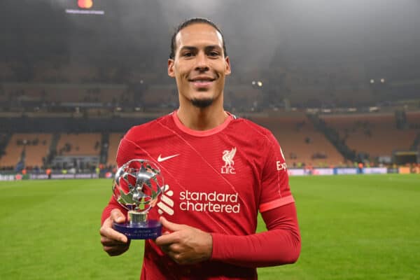 MILAN, ITALY - Tuesday, February 15, 2022: Liverpool's Virgil van Dijk with the UEFA Player of the Match Award after the UEFA Champions League Round of 16 1st Leg game between FC Internazionale Milano and Liverpool FC at the Stadio San Siro. (Handout photo by UEFA)