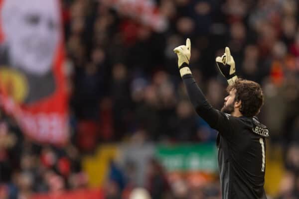 LIVERPOOL, ENGLAND - Saturday, February 19, 2022: Liverpool's goalkeeper Alisson Becker prays as he walks out before the FA Premier League match between Liverpool FC and Norwich City FC at Anfield. Liverpool won 3-1. (Pic by David Rawcliffe/Propaganda)