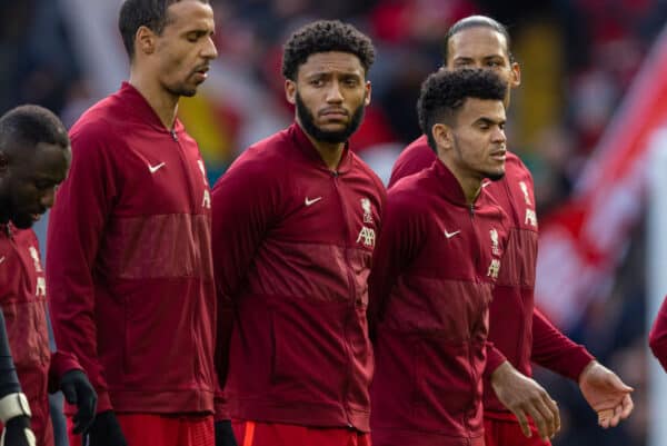 LIVERPOOL, ENGLAND - Saturday, February 19, 2022: Liverpool's Joe Gomez lines-up with team-mates before the FA Premier League match between Liverpool FC and Norwich City FC at Anfield. Liverpool won 3-1. (Pic by David Rawcliffe/Propaganda)