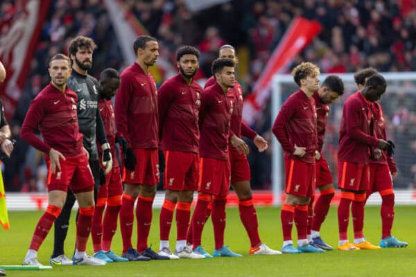 LIVERPOOL, ENGLAND - Saturday, February 19, 2022: Liverpool's Joe Gomez lines-up with team-mates before the FA Premier League match between Liverpool FC and Norwich City FC at Anfield. Liverpool won 3-1. (Pic by David Rawcliffe/Propaganda)