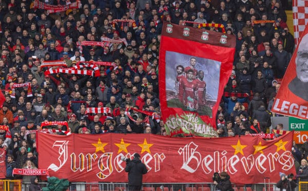 LIVERPOOL, ENGLAND - Saturday, February 19, 2022: Liverpool supporters on the Spion Kop before the FA Premier League match between Liverpool FC and Norwich City FC at Anfield. Liverpool won 3-1. (Pic by David Rawcliffe/Propaganda)