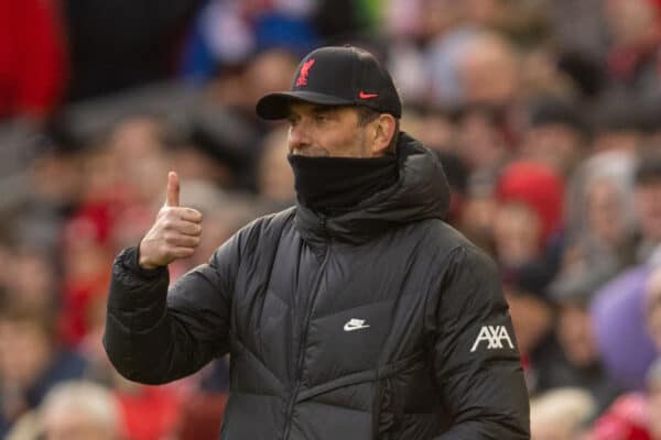 LIVERPOOL, ENGLAND - Saturday, February 19, 2022: Liverpool's manager Jürgen Klopp during the FA Premier League match between Liverpool FC and Norwich City FC at Anfield. Liverpool won 3-1. (Pic by David Rawcliffe/Propaganda)