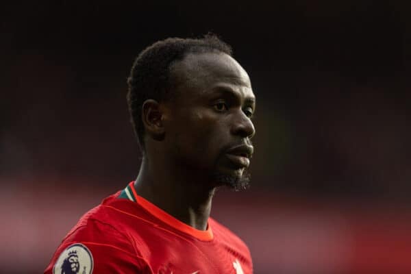 LIVERPOOL, ENGLAND - Saturday, February 19, 2022: Liverpool's Sadio Mané during the FA Premier League match between Liverpool FC and Norwich City FC at Anfield. Liverpool won 3-1. (Pic by David Rawcliffe/Propaganda)