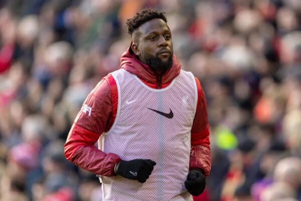 LIVERPOOL, ENGLAND - Saturday, February 19, 2022: Liverpool's substitute Divock Origi warms-up during the FA Premier League match between Liverpool FC and Norwich City FC at Anfield. Liverpool won 3-1. (Pic by David Rawcliffe/Propaganda)