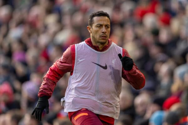 LIVERPOOL, ENGLAND - Saturday, February 19, 2022: Liverpool's substitute Thiago Alcantara warms-up during the FA Premier League match between Liverpool FC and Norwich City FC at Anfield. Liverpool won 3-1. (Pic by David Rawcliffe/Propaganda)