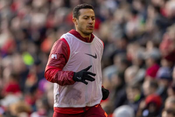 LIVERPOOL, ENGLAND - Saturday, February 19, 2022: Liverpool's substitute Thiago Alcantara warms-up during the FA Premier League match between Liverpool FC and Norwich City FC at Anfield. Liverpool won 3-1. (Pic by David Rawcliffe/Propaganda)