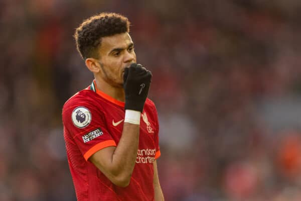 LIVERPOOL, ENGLAND - Saturday, February 19, 2022: Liverpool's Luis Díaz during the FA Premier League match between Liverpool FC and Norwich City FC at Anfield. Liverpool won 3-1. (Pic by David Rawcliffe/Propaganda)