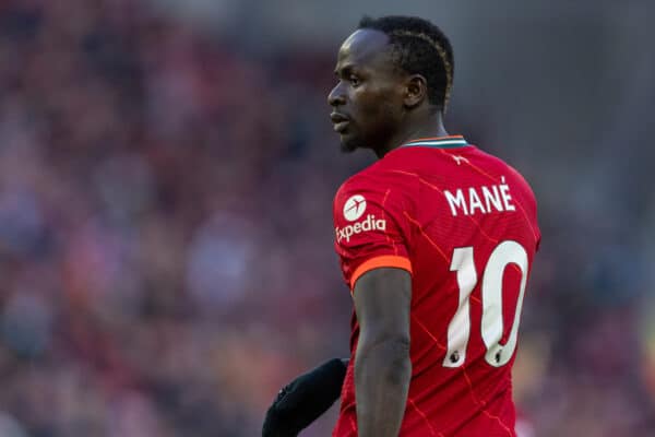 LIVERPOOL, ENGLAND - Saturday, February 19, 2022: Liverpool's Sadio Mané during the FA Premier League match between Liverpool FC and Norwich City FC at Anfield. Liverpool won 3-1. (Pic by David Rawcliffe/Propaganda)