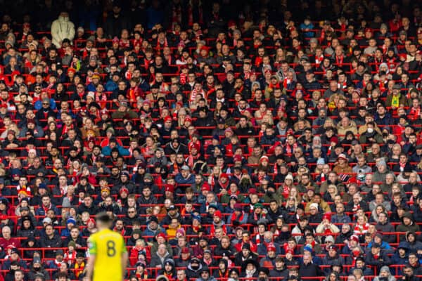 LIVERPOOL, ENGLAND - Saturday, February 19, 2022: Liverpool supporters sitting in rail seats during the FA Premier League match between Liverpool FC and Norwich City FC at Anfield. Liverpool won 3-1. (Pic by David Rawcliffe/Propaganda)