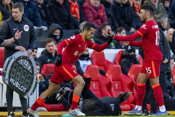 LIVERPOOL, ENGLAND - Saturday, February 19, 2022: Liverpool's Alex Oxlade-Chamberlain is replaced by substitute Thiago Alcantara during the FA Premier League match between Liverpool FC and Norwich City FC at Anfield. Liverpool won 3-1. (Pic by David Rawcliffe/Propaganda)