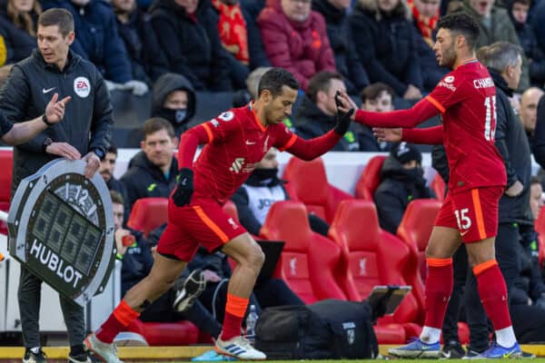 LIVERPOOL, ENGLAND - Saturday, February 19, 2022: Liverpool's Alex Oxlade-Chamberlain is replaced by substitute Thiago Alcantara during the FA Premier League match between Liverpool FC and Norwich City FC at Anfield. Liverpool won 3-1. (Pic by David Rawcliffe/Propaganda)