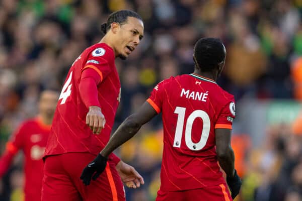 LIVERPOOL, ENGLAND - Saturday, February 19, 2022: Liverpool's Sadio Mané (R) celebrates with team-mate Virgil van Dijk after scoring his side's first goal to level the score at 1-1 during the FA Premier League match between Liverpool FC and Norwich City FC at Anfield. Liverpool won 3-1. (Pic by David Rawcliffe/Propaganda)