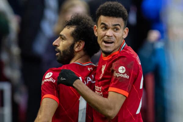 LIVERPOOL, ENGLAND - Saturday, February 19, 2022: Liverpool's Mohamed Salah (L) celebrates with team-mate Luis Díaz after scoring the second goal during the FA Premier League match between Liverpool FC and Norwich City FC at Anfield. Liverpool won 3-1. (Pic by David Rawcliffe/Propaganda)