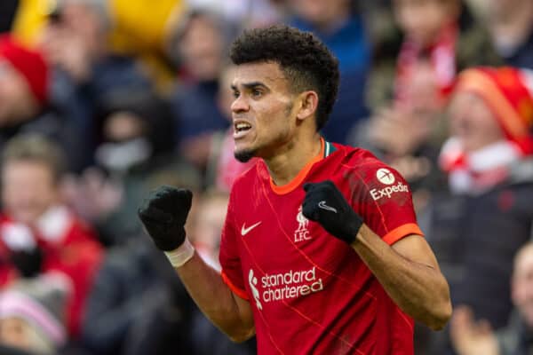 LIVERPOOL, ENGLAND - Saturday, February 19, 2022: Liverpool's Luis Díaz celebrates after scoring the third goal during the FA Premier League match between Liverpool FC and Norwich City FC at Anfield. Liverpool won 3-1. (Pic by David Rawcliffe/Propaganda)