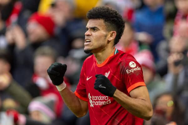 LIVERPOOL, ENGLAND - Saturday, February 19, 2022: Liverpool's Luis Díaz celebrates after scoring the third goal during the FA Premier League match between Liverpool FC and Norwich City FC at Anfield. Liverpool won 3-1. (Pic by David Rawcliffe/Propaganda)