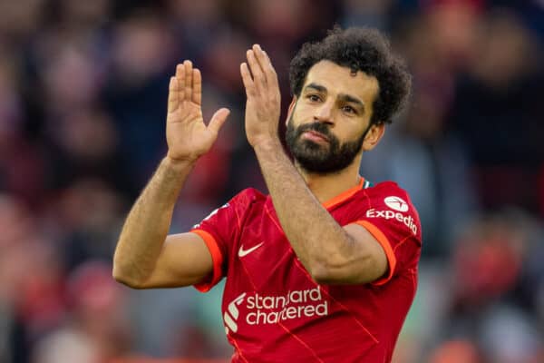 LIVERPOOL, ENGLAND - Saturday, February 19, 2022: Liverpool's Mohamed Salah celebrates after the FA Premier League match between Liverpool FC and Norwich City FC at Anfield. Liverpool won 3-1. (Pic by David Rawcliffe/Propaganda)