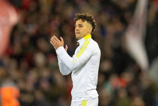 LIVERPOOL, ENGLAND - Wednesday, February 23, 2022: Leeds United's Rodrigo Moreno Machado walks out before the FA Premier League match between Liverpool FC and Leeds United FC at Anfield. Liverpool won 6-0. (Pic by David Rawcliffe/Propaganda)