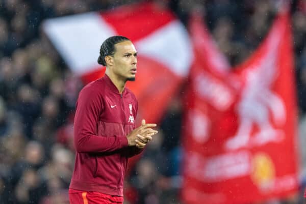 Matchday, Anfield, Van Dijk, flag, Liverpool (Pic by David Rawcliffe/Propaganda)