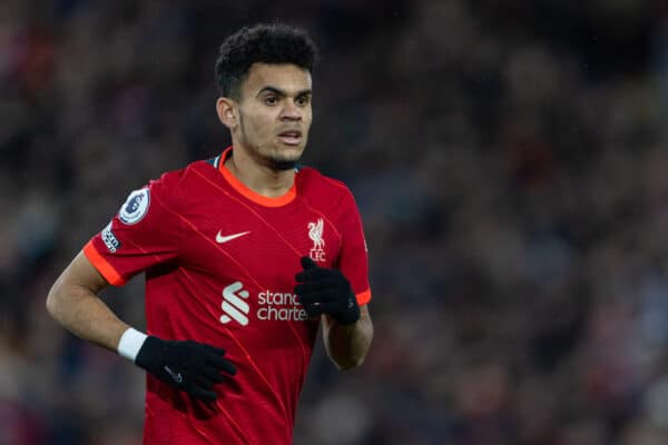 LIVERPOOL, ENGLAND - Wednesday, February 23, 2022: Liverpool's Luis Díaz during the FA Premier League match between Liverpool FC and Leeds United FC at Anfield. Liverpool won 6-0. (Pic by David Rawcliffe/Propaganda)