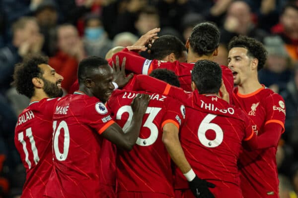 LIVERPOOL, ENGLAND - Wednesday, February 23, 2022: Liverpool's Joel Matip (C) celebrates with team-mates after scoring the second goal during the FA Premier League match between Liverpool FC and Leeds United FC at Anfield. Liverpool won 6-0. (Pic by David Rawcliffe/Propaganda)