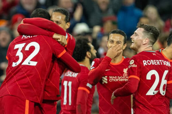 LIVERPOOL, ENGLAND - Wednesday, February 23, 2022: Liverpool's Joel Matip (L) celebrates with team-mate Virgil van Dijk (R) after scoring the second goal during the FA Premier League match between Liverpool FC and Leeds United FC at Anfield. Liverpool won 6-0. (Pic by David Rawcliffe/Propaganda)